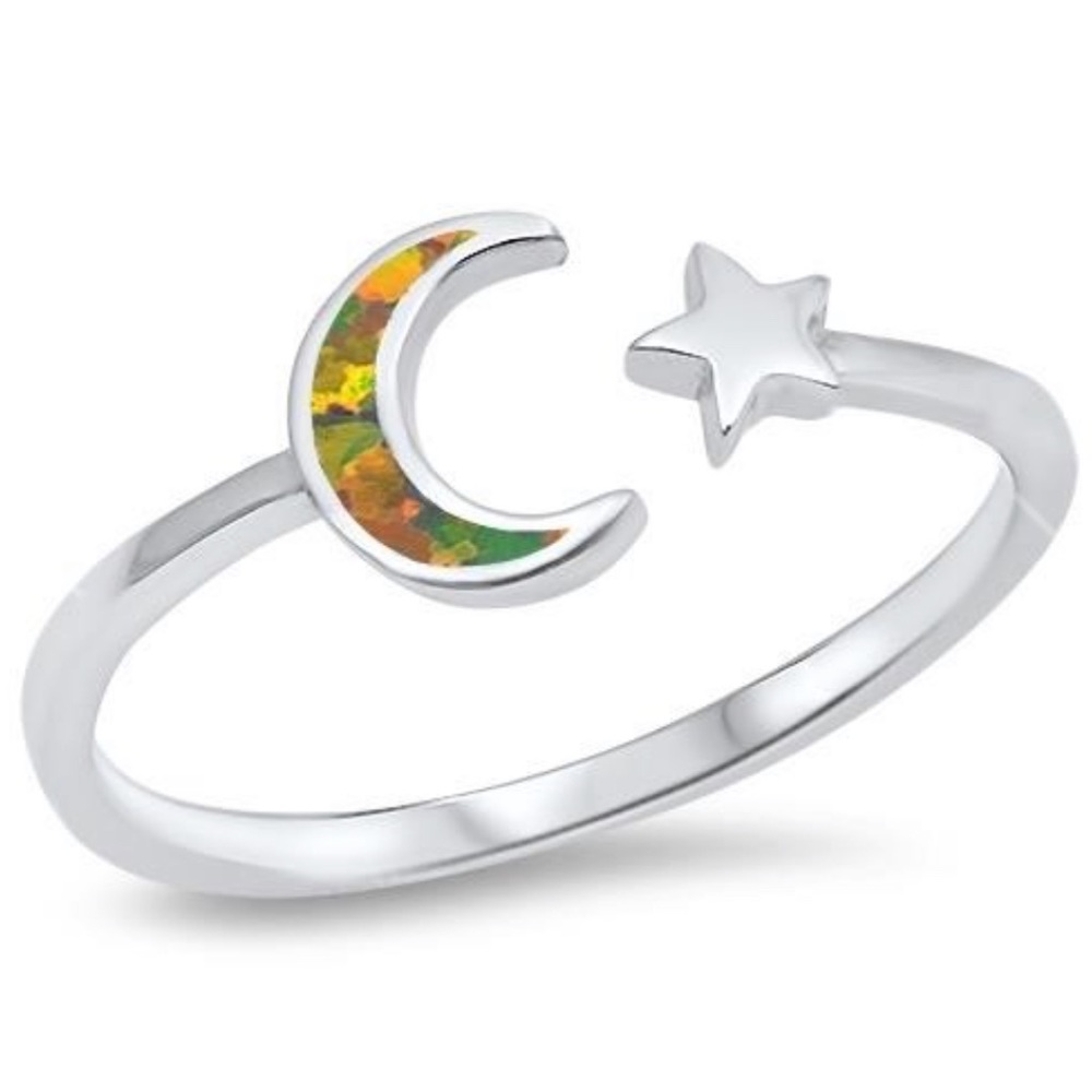 Black Firey Opal Moon & Star Silver Ring - Size 6